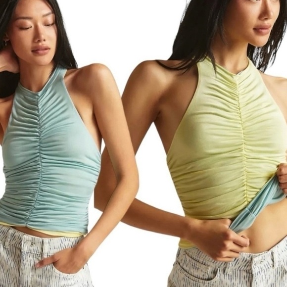 ANTHROPOLOGIE PILCRO Women’s Green Yellow Tank Ruched Reversible Halter Size S - Picture 1 of 6